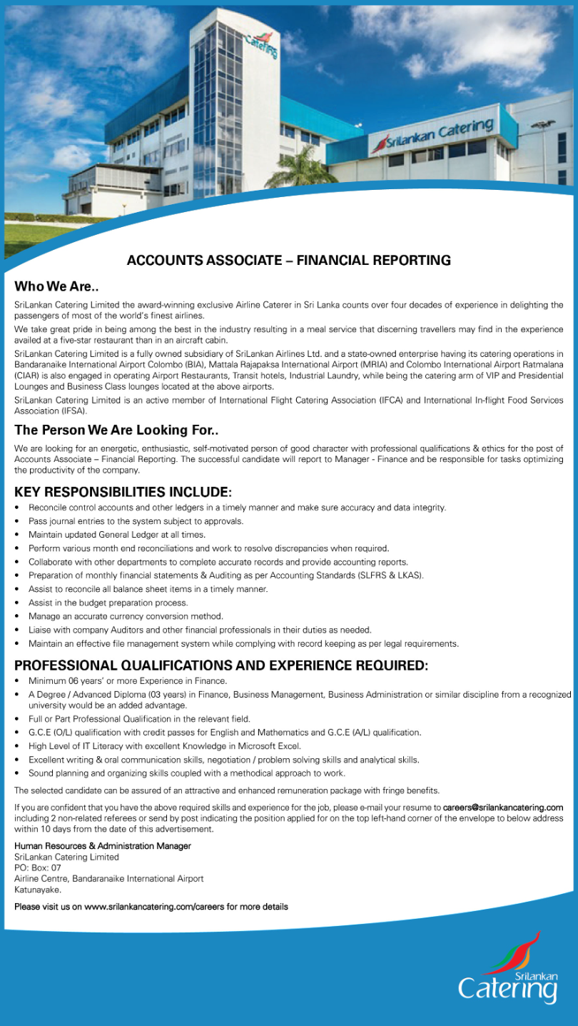 Accounts Associate (Financial Reporting) – Sri Lankan Catering-www.jobmarket.lk