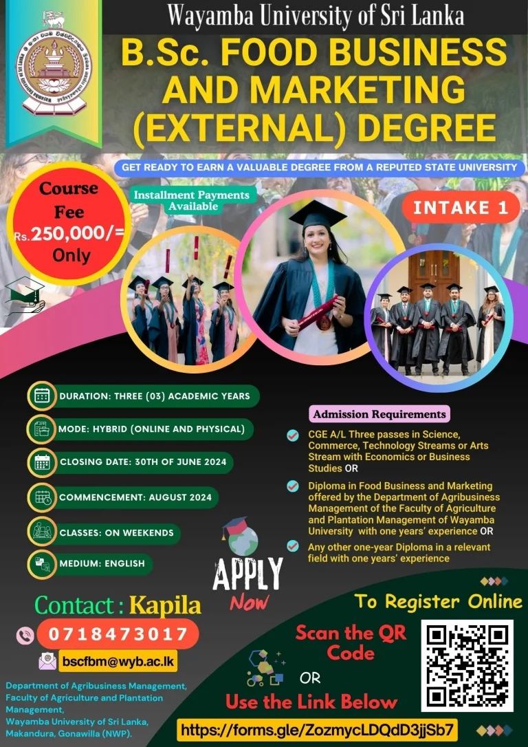 Bachelor of Science in Food Business and Marketing External Degree-Wayaba University of Sri Lanka-www.jobmarket.lk