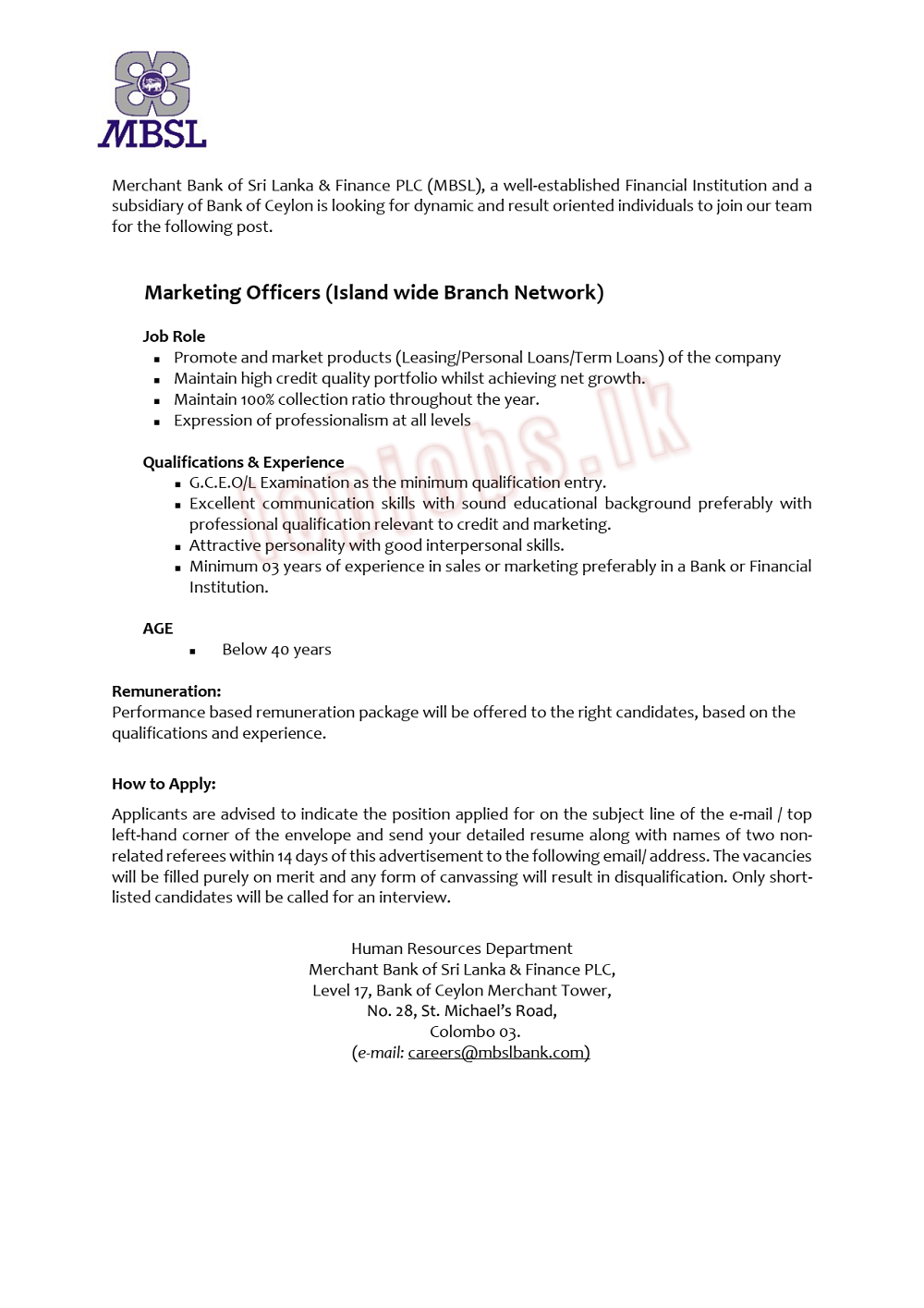 Marketing Officers-MBSl-www.jobmarket.lk