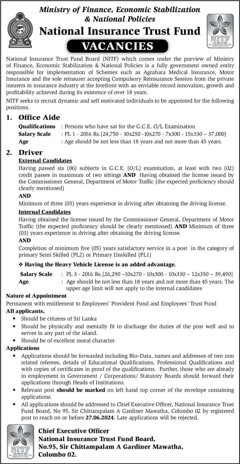 Office Aide, Driver – National Insurance Trust Fund (E)-www.jobmarket.lk