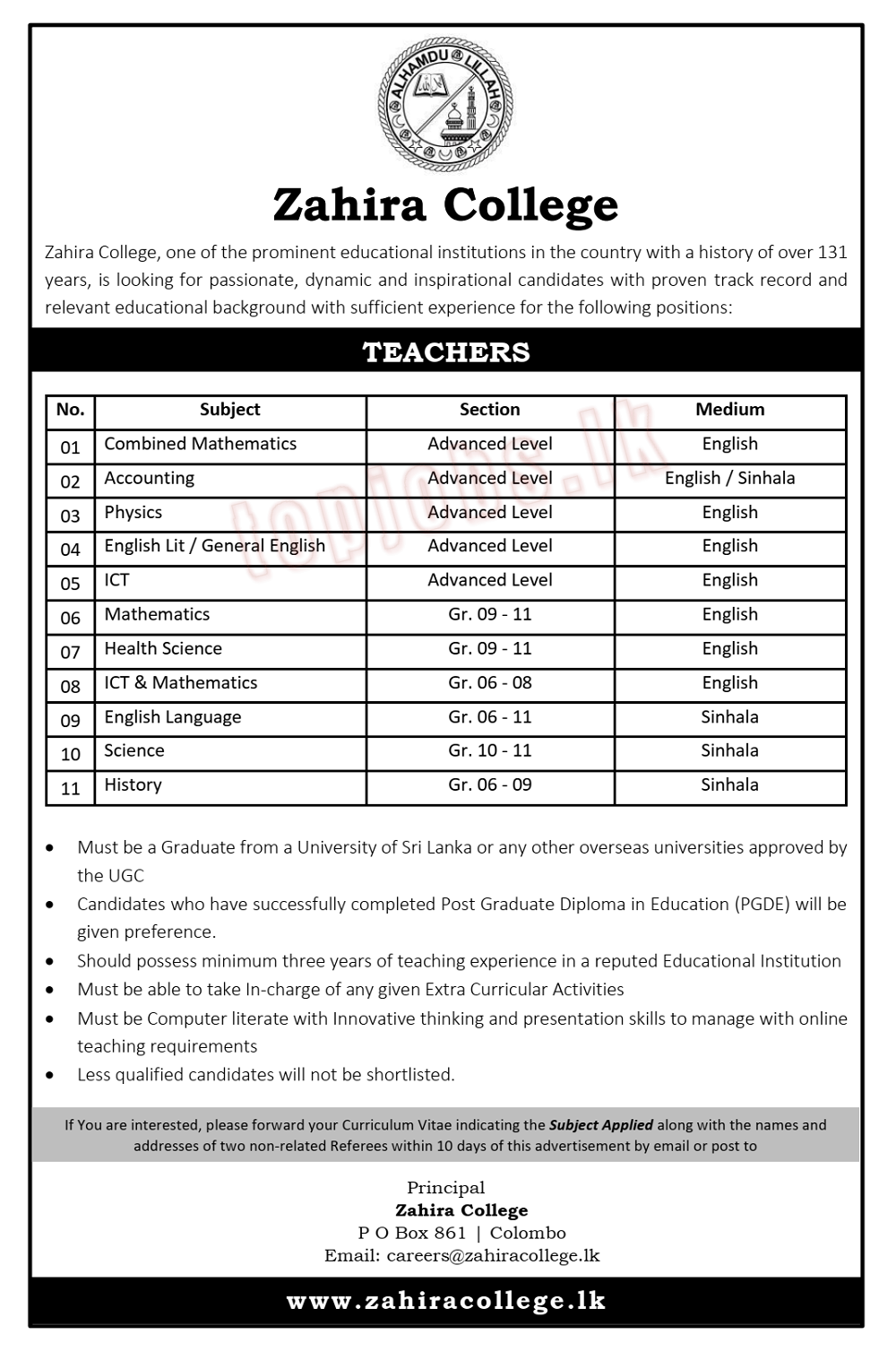 Teachers Vacancies-Zahira College-www.jobmarket.lk