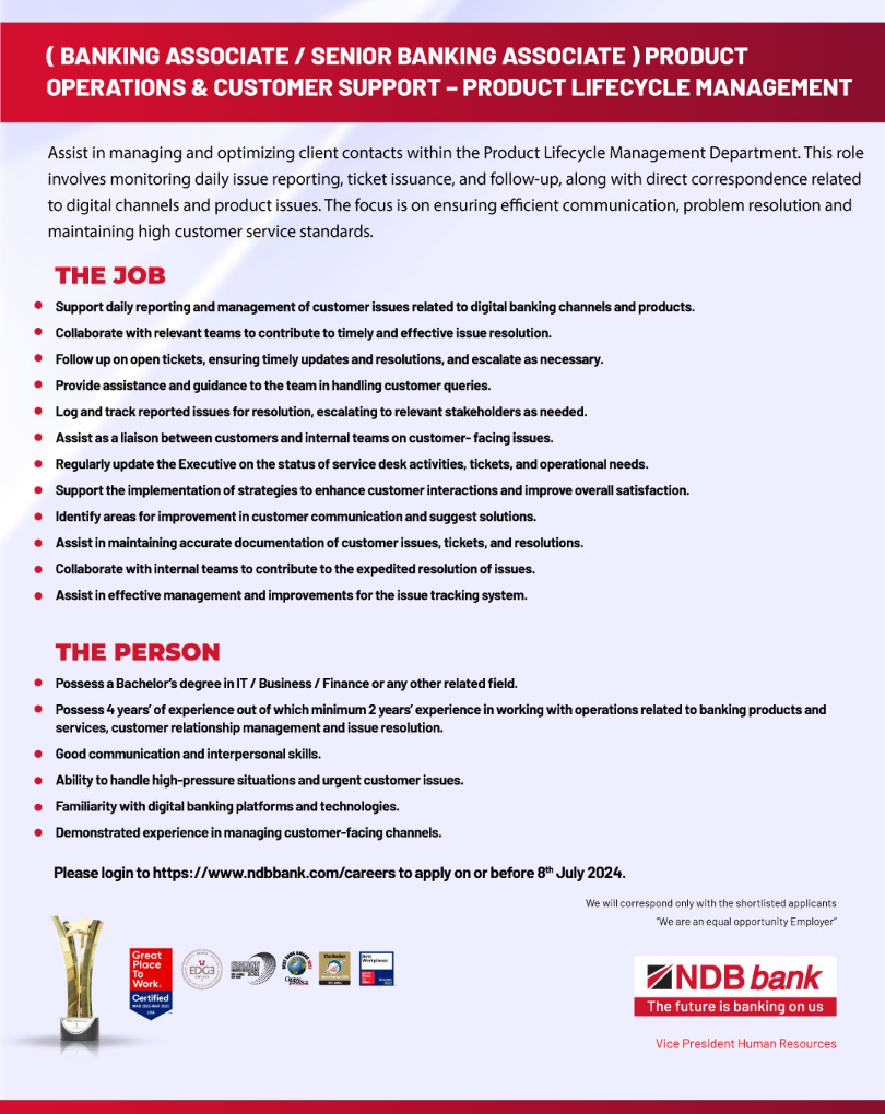 Bank Associate - NDB Bank - www.jobmarket.lk