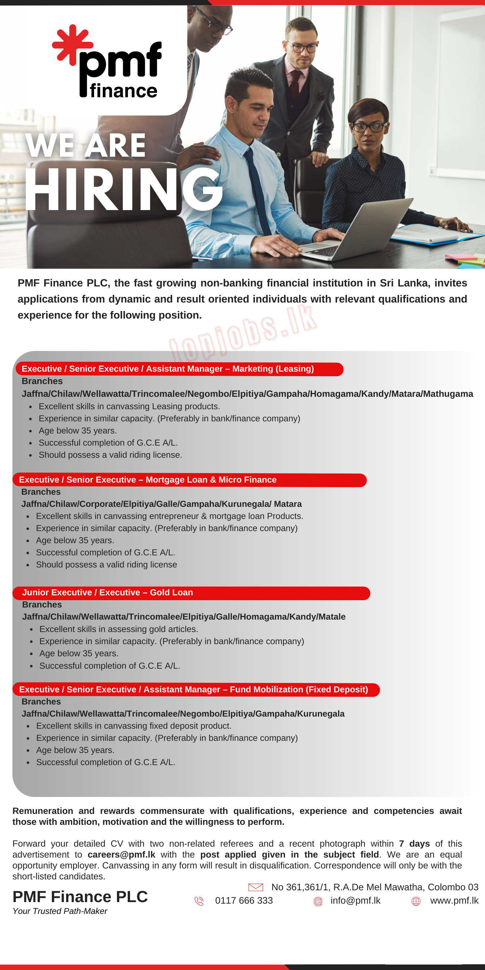 Banking Job vacancies - PMF Finance - www.jobmarket.lk