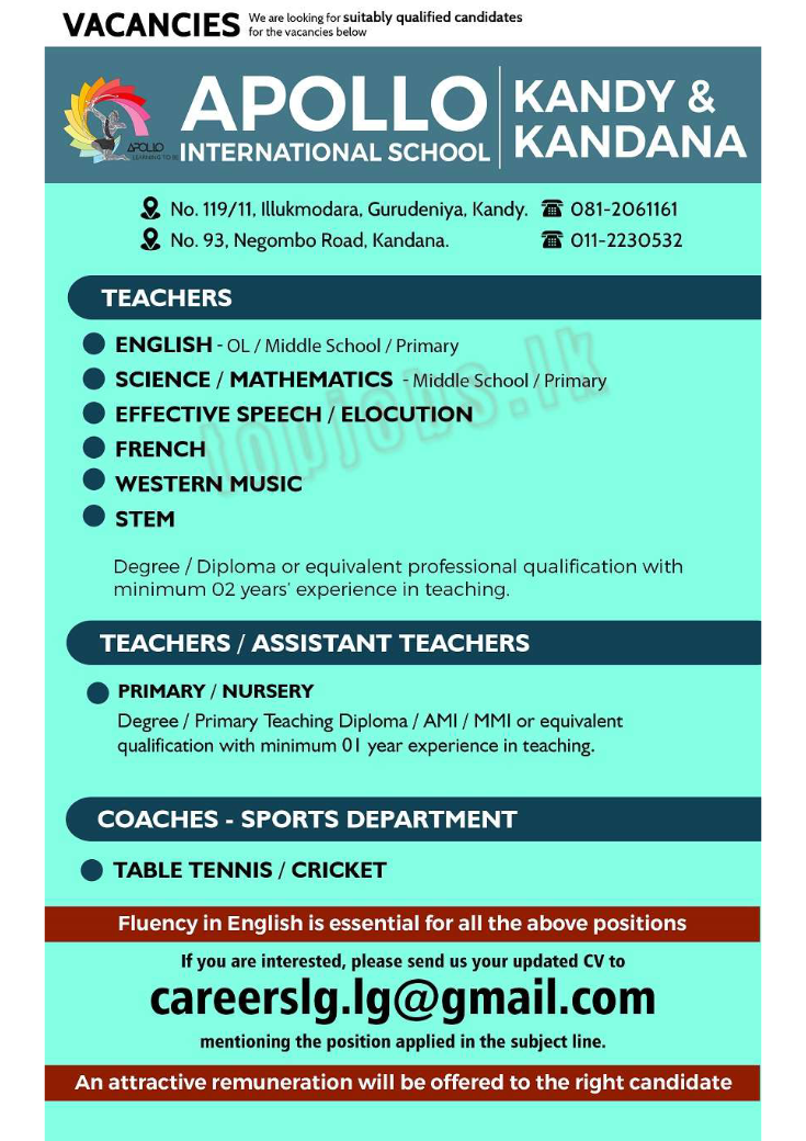 Teachers Vacancies – Apollo International School - www.jobmarket.lk