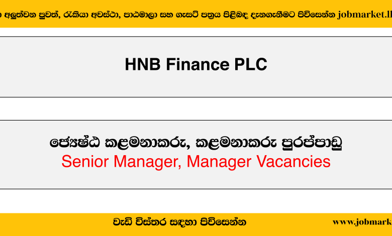 Senior Manager, Manager - HNB Finance PLC Job Vacancies 2024